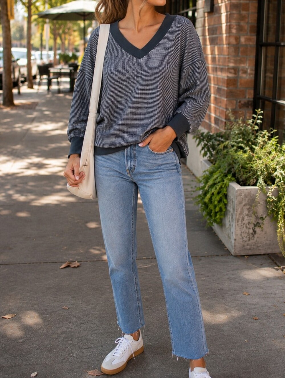 American Eagle Light Gray Striped V-Neck Waffle Knit Oversized Sweater